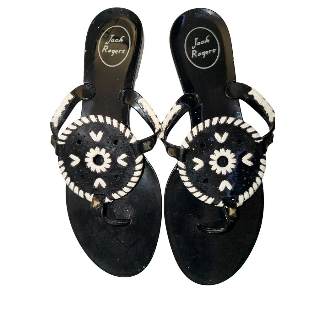 Jack Rogers Jelly Sandals Sz 9 Black White Tropical Boho Comfy Stylish